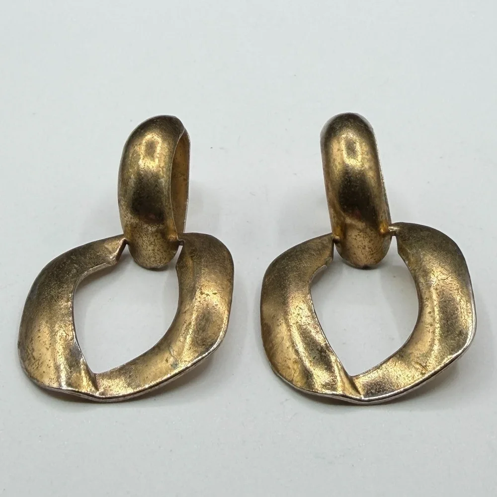 Gold Tone Geometric Door Knocker Dangle Earrings Chunky Statement Pierced Pair